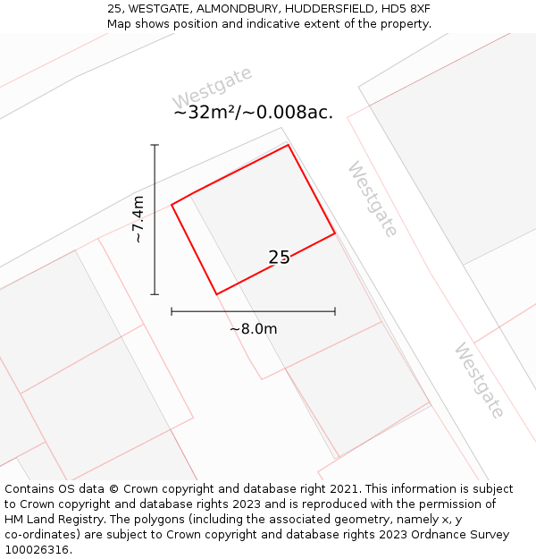25, WESTGATE, ALMONDBURY, HUDDERSFIELD, HD5 8XF: Plot and title map