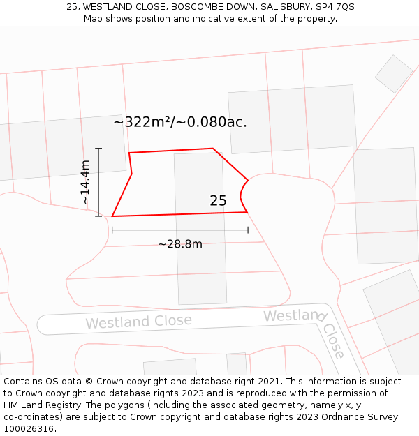 25, WESTLAND CLOSE, BOSCOMBE DOWN, SALISBURY, SP4 7QS: Plot and title map