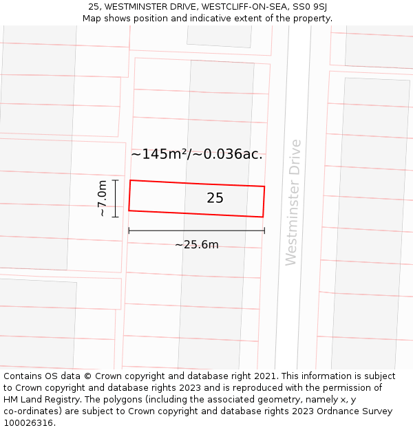 25, WESTMINSTER DRIVE, WESTCLIFF-ON-SEA, SS0 9SJ: Plot and title map