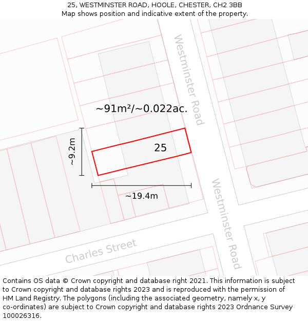 25, WESTMINSTER ROAD, HOOLE, CHESTER, CH2 3BB: Plot and title map