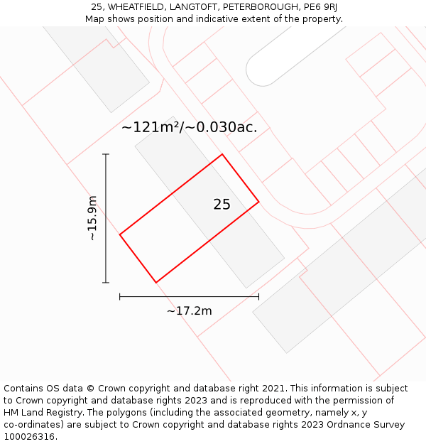 25, WHEATFIELD, LANGTOFT, PETERBOROUGH, PE6 9RJ: Plot and title map
