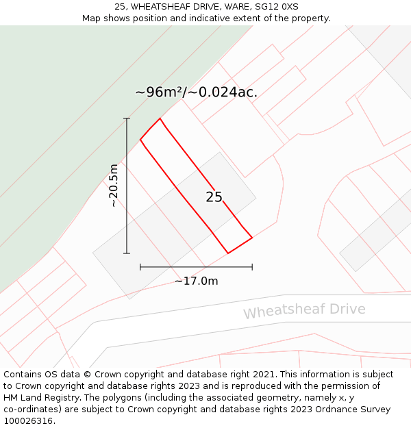 25, WHEATSHEAF DRIVE, WARE, SG12 0XS: Plot and title map