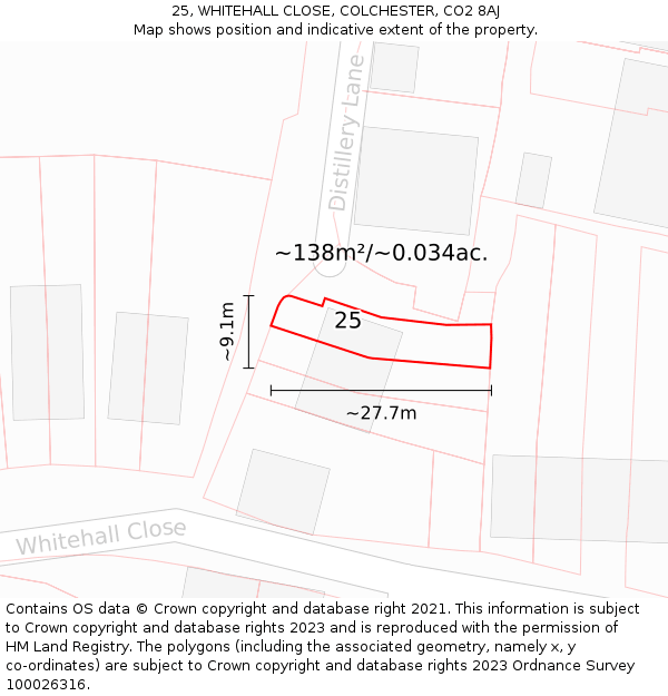 25, WHITEHALL CLOSE, COLCHESTER, CO2 8AJ: Plot and title map