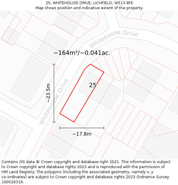 25, WHITEHOUSE DRIVE, LICHFIELD, WS13 8FE: Plot and title map