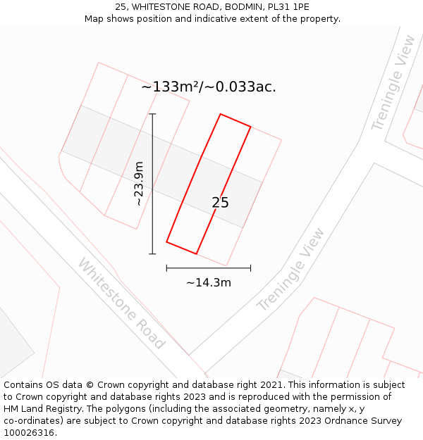 25, WHITESTONE ROAD, BODMIN, PL31 1PE: Plot and title map