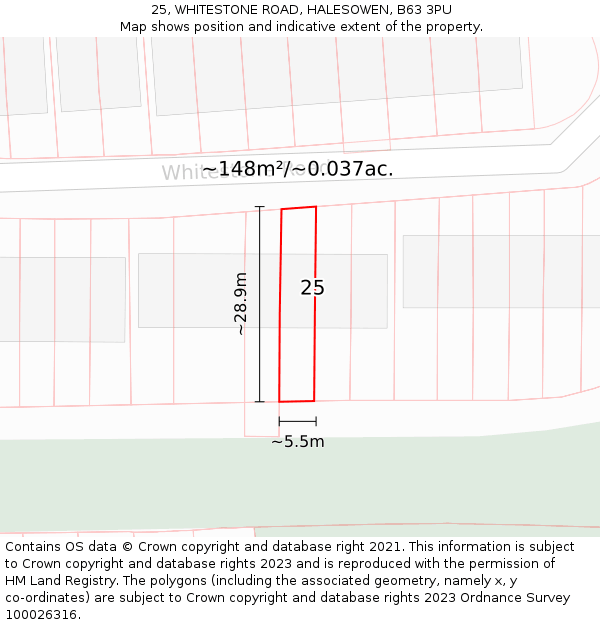 25, WHITESTONE ROAD, HALESOWEN, B63 3PU: Plot and title map