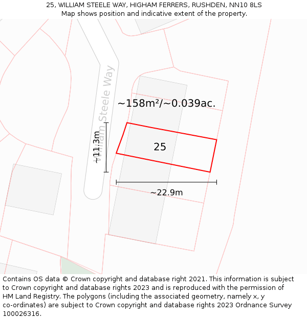 25, WILLIAM STEELE WAY, HIGHAM FERRERS, RUSHDEN, NN10 8LS: Plot and title map