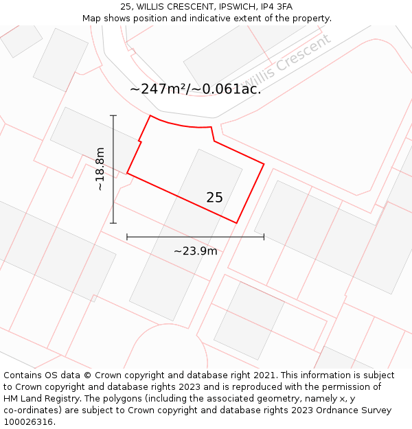 25, WILLIS CRESCENT, IPSWICH, IP4 3FA: Plot and title map
