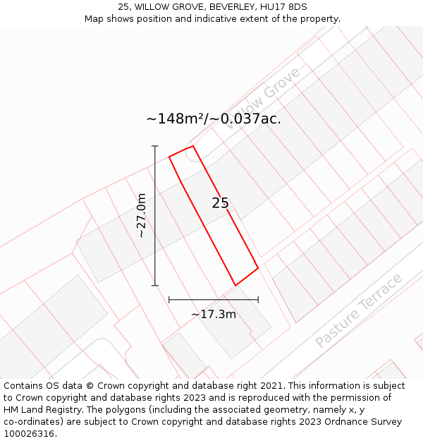 25, WILLOW GROVE, BEVERLEY, HU17 8DS: Plot and title map