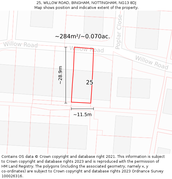 25, WILLOW ROAD, BINGHAM, NOTTINGHAM, NG13 8DJ: Plot and title map