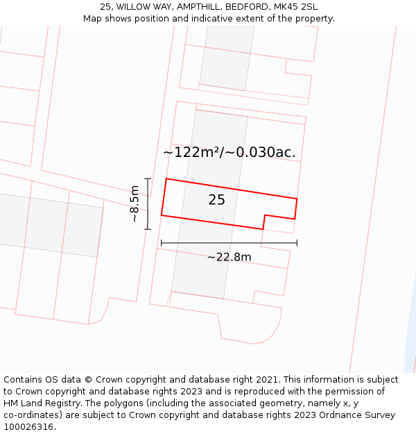 25, WILLOW WAY, AMPTHILL, BEDFORD, MK45 2SL: Plot and title map