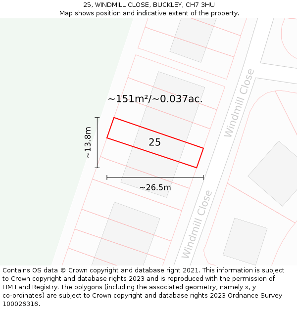 25, WINDMILL CLOSE, BUCKLEY, CH7 3HU: Plot and title map