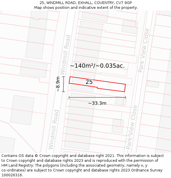 25, WINDMILL ROAD, EXHALL, COVENTRY, CV7 9GP: Plot and title map