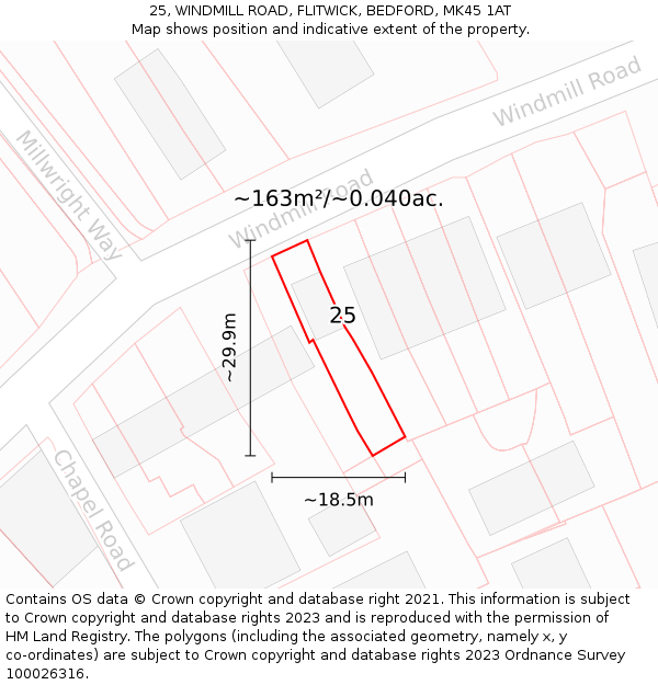 25, WINDMILL ROAD, FLITWICK, BEDFORD, MK45 1AT: Plot and title map