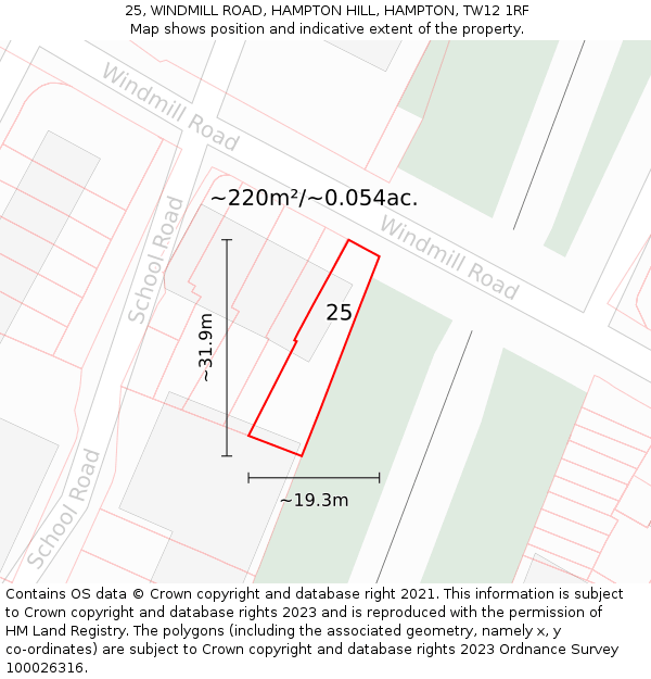 25, WINDMILL ROAD, HAMPTON HILL, HAMPTON, TW12 1RF: Plot and title map