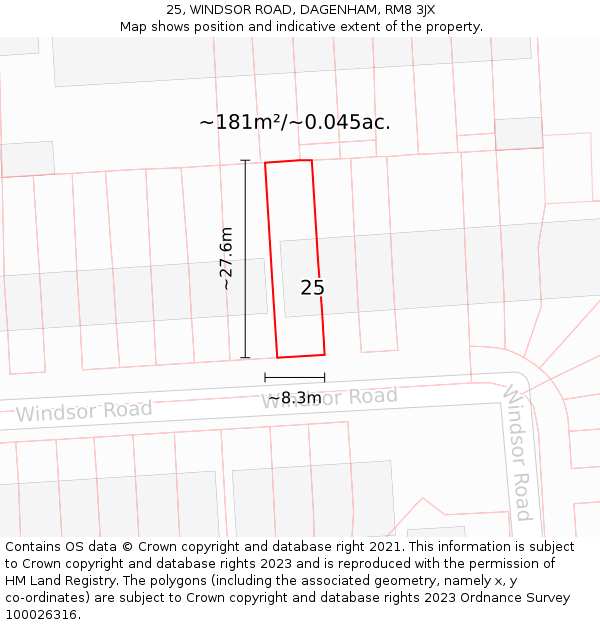 25, WINDSOR ROAD, DAGENHAM, RM8 3JX: Plot and title map
