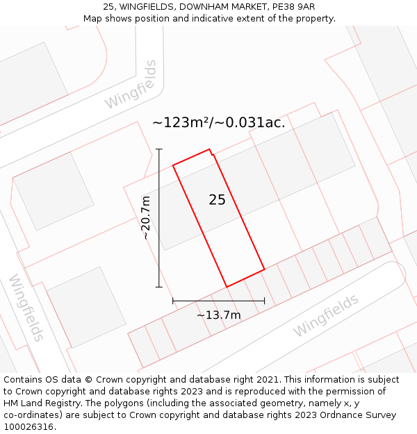 25, WINGFIELDS, DOWNHAM MARKET, PE38 9AR: Plot and title map