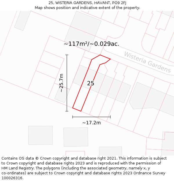 25, WISTERIA GARDENS, HAVANT, PO9 2FJ: Plot and title map