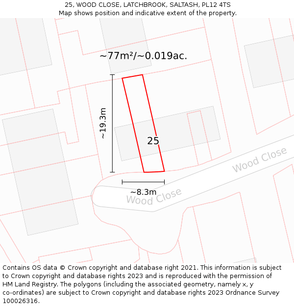 25, WOOD CLOSE, LATCHBROOK, SALTASH, PL12 4TS: Plot and title map