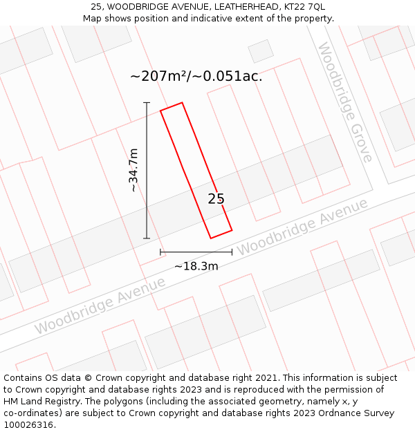 25, WOODBRIDGE AVENUE, LEATHERHEAD, KT22 7QL: Plot and title map