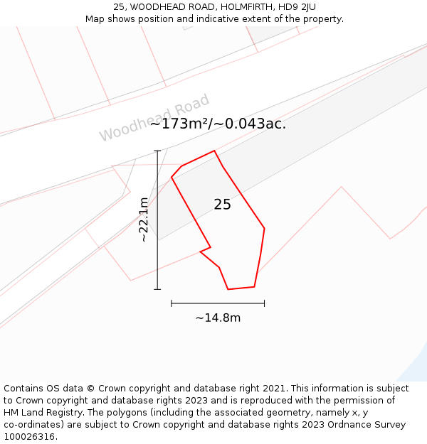 25, WOODHEAD ROAD, HOLMFIRTH, HD9 2JU: Plot and title map