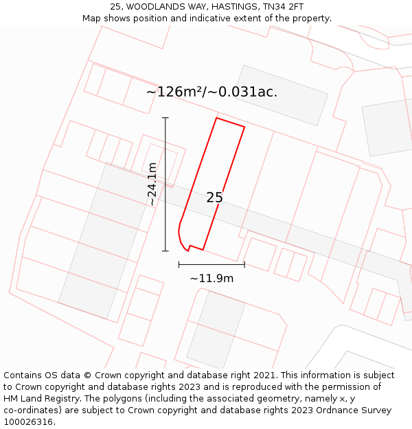 25, WOODLANDS WAY, HASTINGS, TN34 2FT: Plot and title map