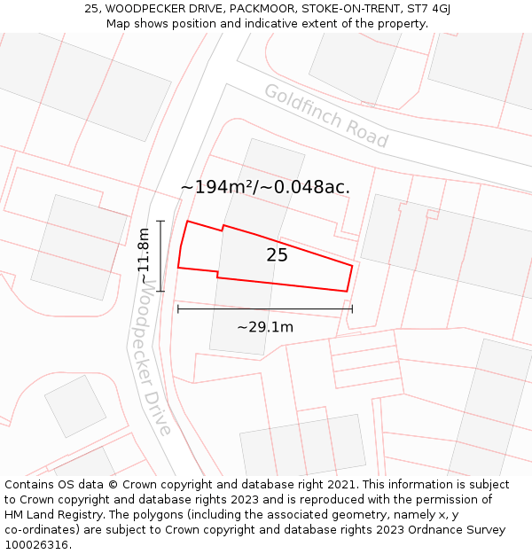 25, WOODPECKER DRIVE, PACKMOOR, STOKE-ON-TRENT, ST7 4GJ: Plot and title map