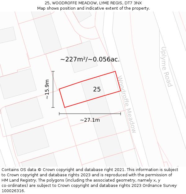 25, WOODROFFE MEADOW, LYME REGIS, DT7 3NX: Plot and title map