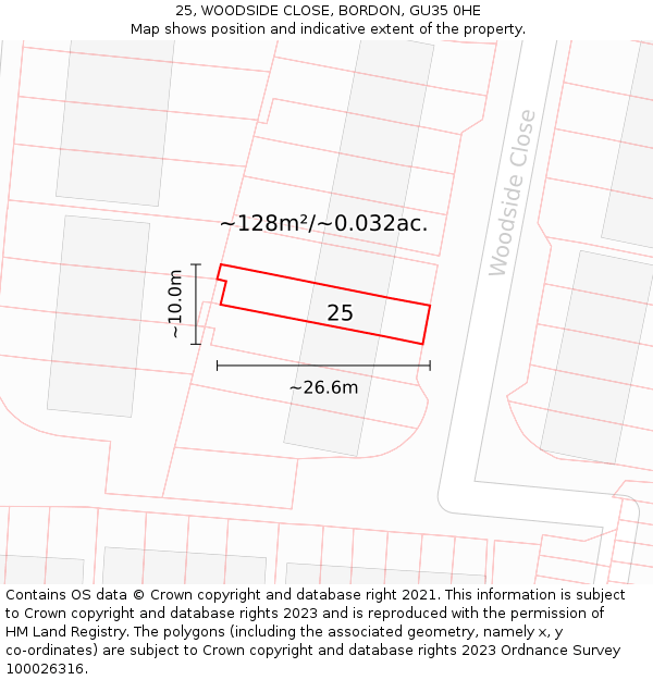25, WOODSIDE CLOSE, BORDON, GU35 0HE: Plot and title map