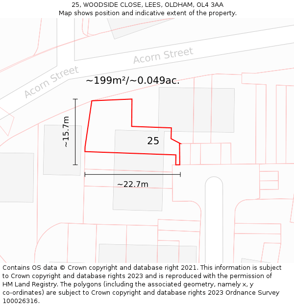 25, WOODSIDE CLOSE, LEES, OLDHAM, OL4 3AA: Plot and title map