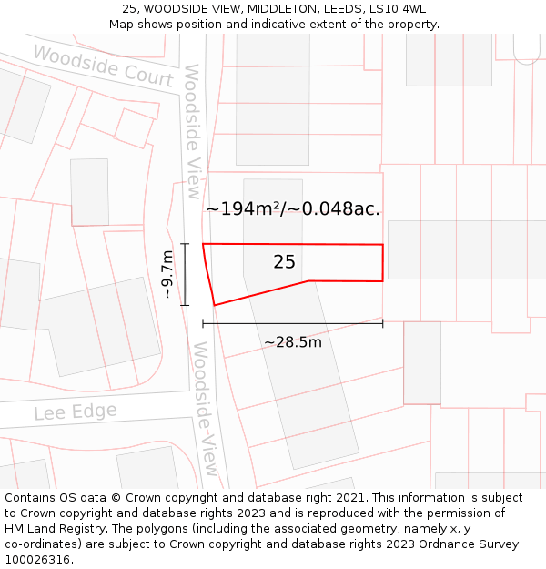 25, WOODSIDE VIEW, MIDDLETON, LEEDS, LS10 4WL: Plot and title map