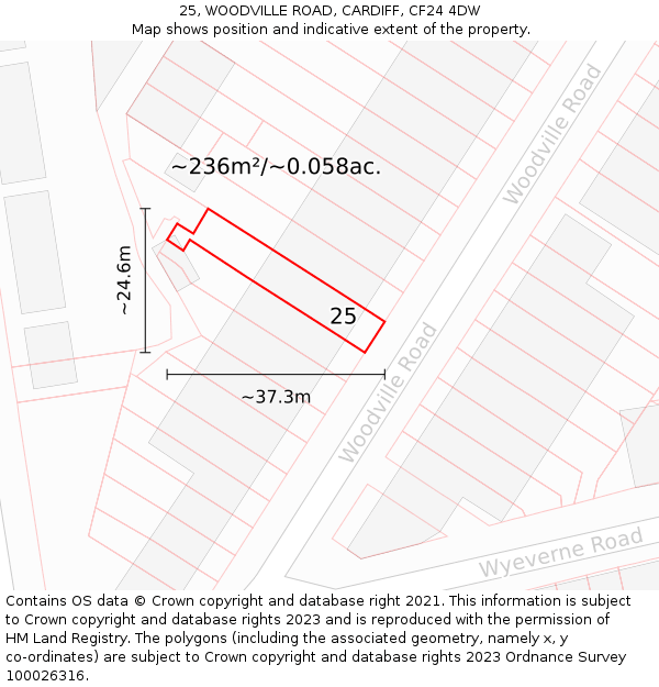 25, WOODVILLE ROAD, CARDIFF, CF24 4DW: Plot and title map