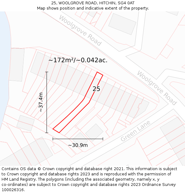 25, WOOLGROVE ROAD, HITCHIN, SG4 0AT: Plot and title map