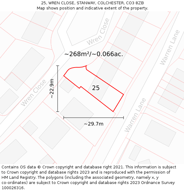 25, WREN CLOSE, STANWAY, COLCHESTER, CO3 8ZB: Plot and title map