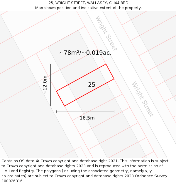 25, WRIGHT STREET, WALLASEY, CH44 8BD: Plot and title map