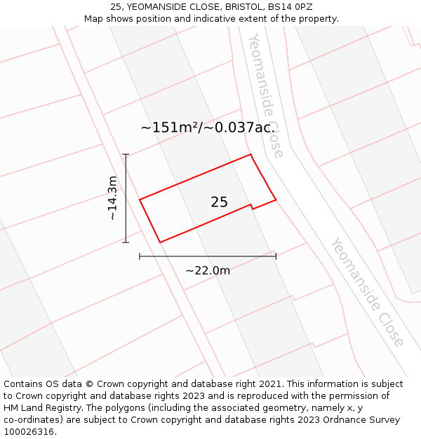 25, YEOMANSIDE CLOSE, BRISTOL, BS14 0PZ: Plot and title map
