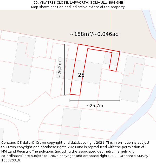 25, YEW TREE CLOSE, LAPWORTH, SOLIHULL, B94 6NB: Plot and title map
