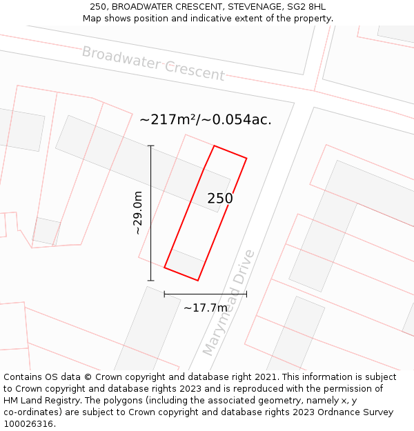 250, BROADWATER CRESCENT, STEVENAGE, SG2 8HL: Plot and title map