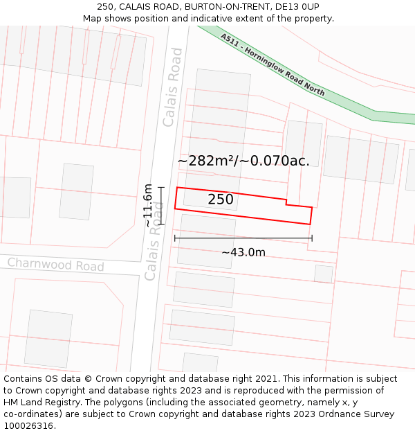250, CALAIS ROAD, BURTON-ON-TRENT, DE13 0UP: Plot and title map