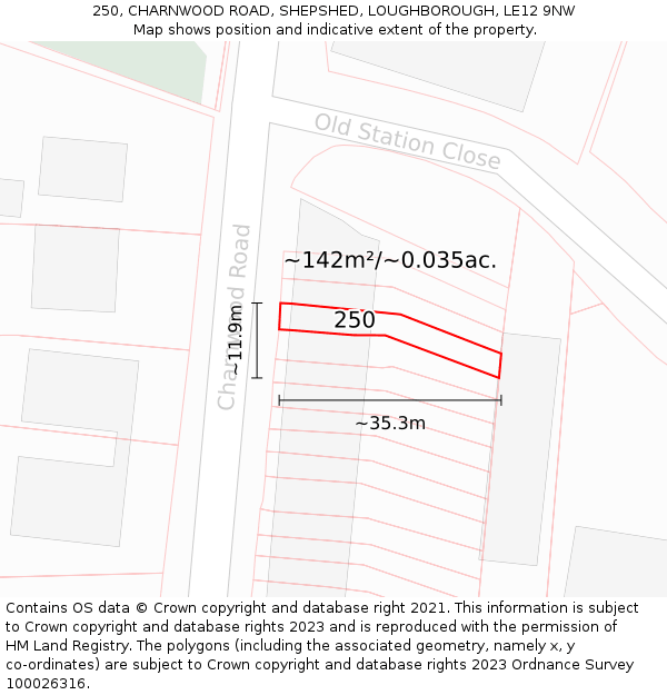250, CHARNWOOD ROAD, SHEPSHED, LOUGHBOROUGH, LE12 9NW: Plot and title map
