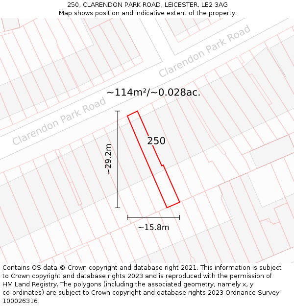 250, CLARENDON PARK ROAD, LEICESTER, LE2 3AG: Plot and title map