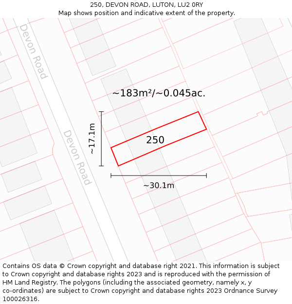 250, DEVON ROAD, LUTON, LU2 0RY: Plot and title map