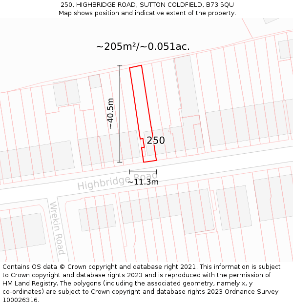 250, HIGHBRIDGE ROAD, SUTTON COLDFIELD, B73 5QU: Plot and title map