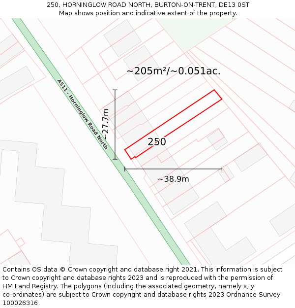 250, HORNINGLOW ROAD NORTH, BURTON-ON-TRENT, DE13 0ST: Plot and title map