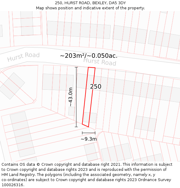 250, HURST ROAD, BEXLEY, DA5 3DY: Plot and title map