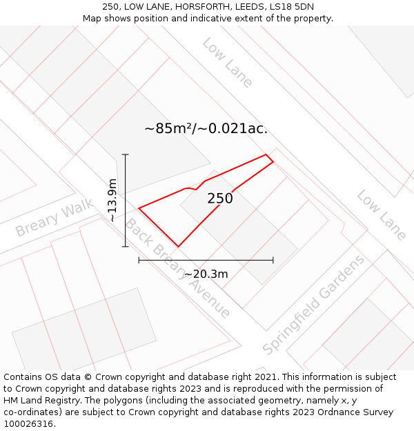 250, LOW LANE, HORSFORTH, LEEDS, LS18 5DN: Plot and title map