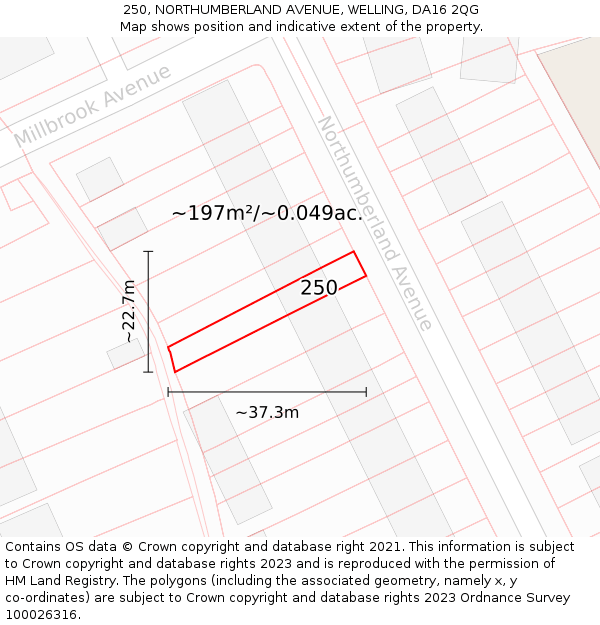 250, NORTHUMBERLAND AVENUE, WELLING, DA16 2QG: Plot and title map