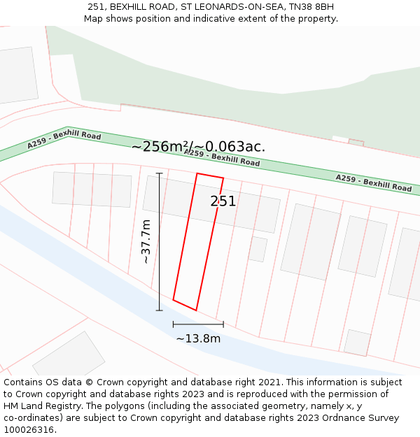 251, BEXHILL ROAD, ST LEONARDS-ON-SEA, TN38 8BH: Plot and title map