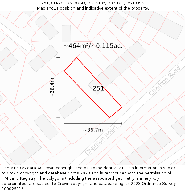 251, CHARLTON ROAD, BRENTRY, BRISTOL, BS10 6JS: Plot and title map