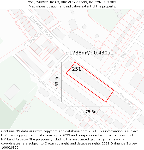 251, DARWEN ROAD, BROMLEY CROSS, BOLTON, BL7 9BS: Plot and title map